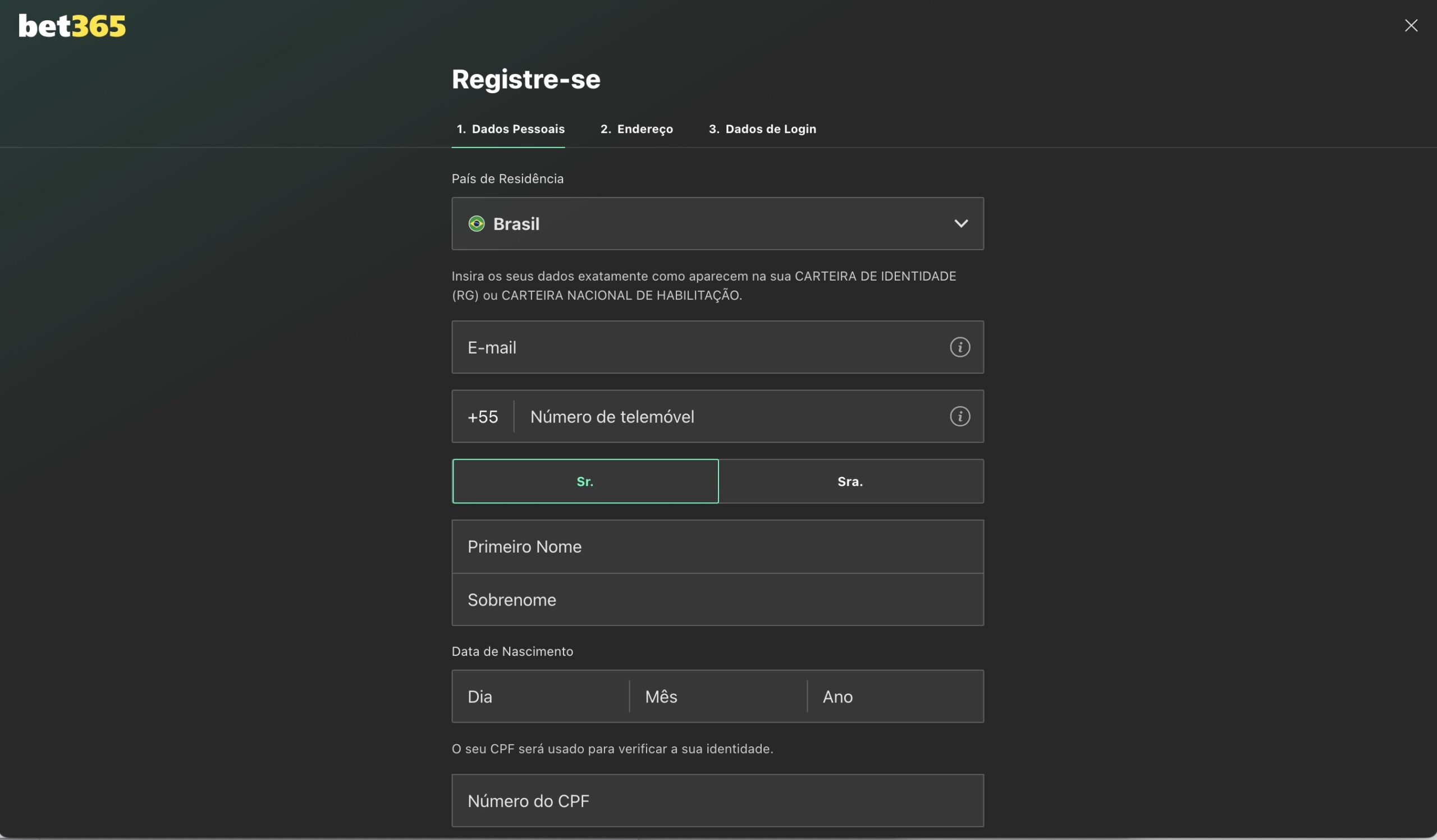 Cadastro no Bet 365